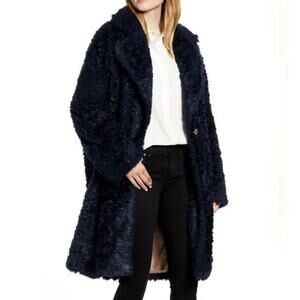 Fleurette Faux Fur Shearling Cocoon Oversized Coat Jacket Navy Blue Size Large